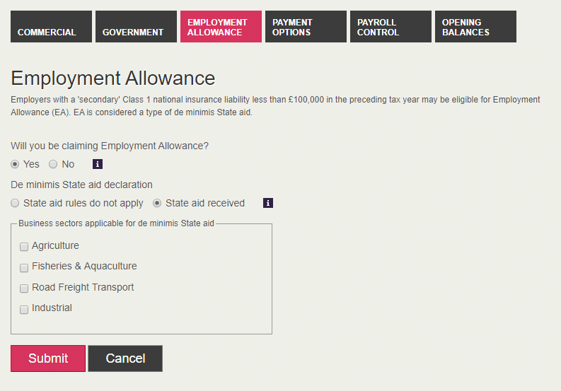 Employment Allowance tab